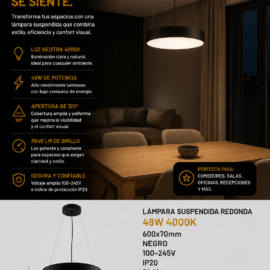 Lampara Suspendida 48W 4000K 600x70mm Negro Redonda 100-245V IP20 3840lm