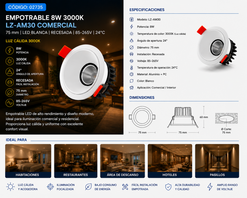Empotrable 8w 3000k LZ-AM30 Comercial 75 mm Blanca Recesada 85-265V 24°