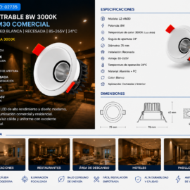 Empotrable 8w 3000k LZ-AM30 Comercial 75 mm Blanca Recesada 85-265V 24°