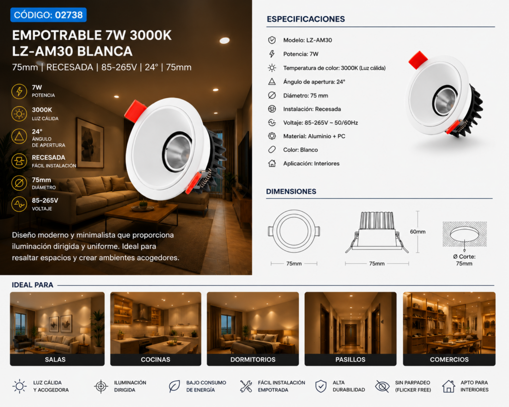 Empotrable 7W 3000K LZ-AM30 75mm Blanca Recesada 85-265V 24° 75mm