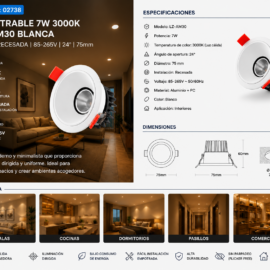 Empotrable 7W 3000K LZ-AM30 75mm Blanca Recesada 85-265V 24° 75mm