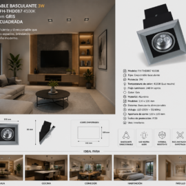 Empotrable Basculante 3w 4100k 4" FH-THD087 4100K 130*120 mm gris 110-230V Cuadrada