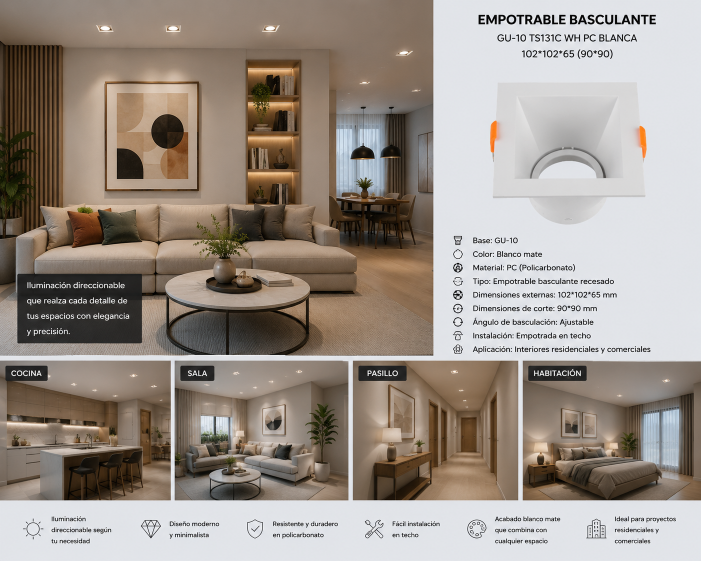 Empotrable Basculante GU-10 TS131C WH PC Blanca 102*102*65 (90*90)