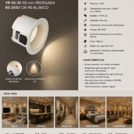 Empotrable 20W 3000k YR-95-20 95 mm Recesada 85-265V CRI-90 Blanco