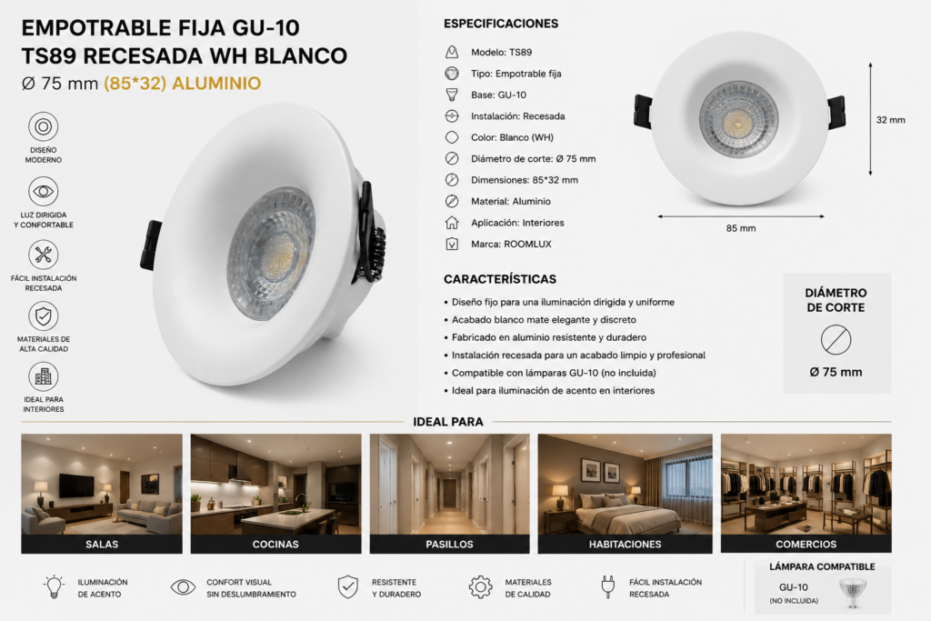 Empotrable Fija GU-10 TS89 Recesada WH Blanco Ø 75 mm (85*32) Aluminio