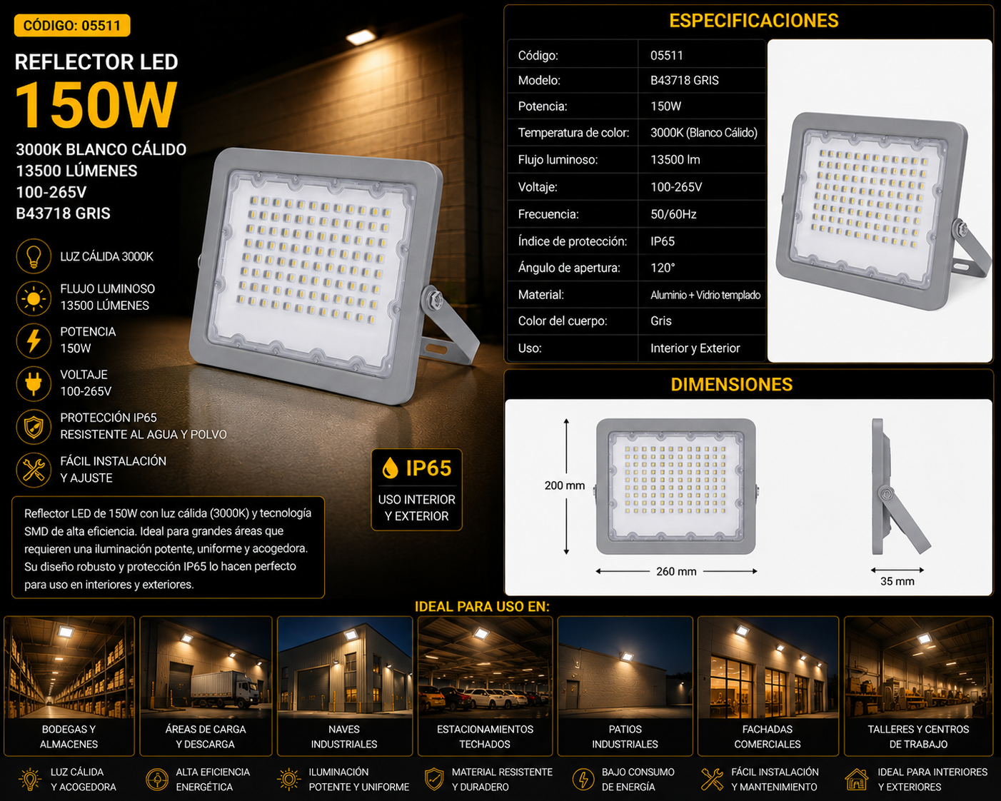 Reflector 150W 3000K 100-265V B43718 ROOMLUX GRIS 13500 lm IP-65