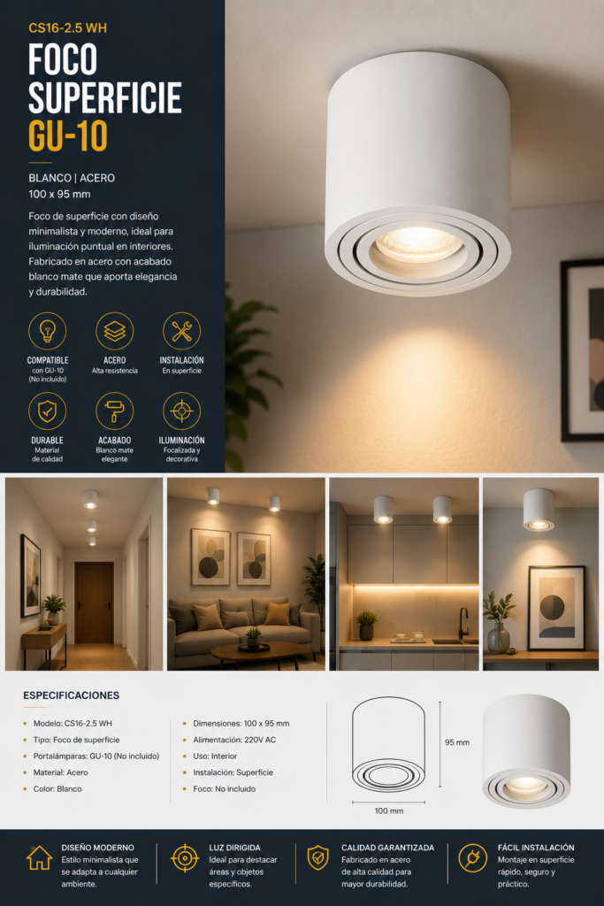 Foco Superficie GU-10 CS16-2.5 WH Superficie Acero Blanca 100*95 mm EVOLIGHT