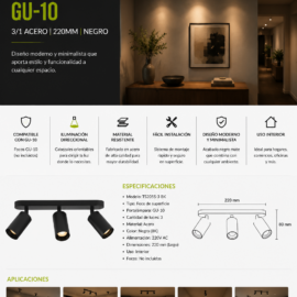 Foco Superficie GU-10 TS205S-3 BK Negro 3/1 Acero 220MM