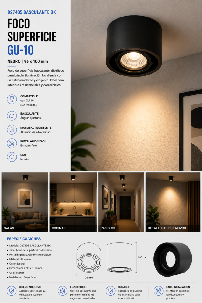 Foco Superficie GU-10 D27405 Basculante BK Negro 96X100 POLY ROOMLUX
