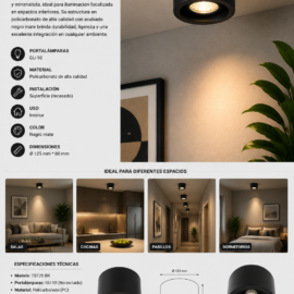 Foco Superficie GU-10 TS125 BK PC. Recesado Negro 125 mm * 80 mm EVOLIGHT