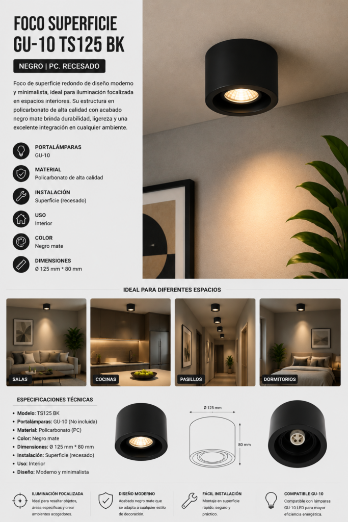 Foco Superficie GU-10 TS125 BK PC. Recesado Negro 125 mm * 80 mm EVOLIGHT