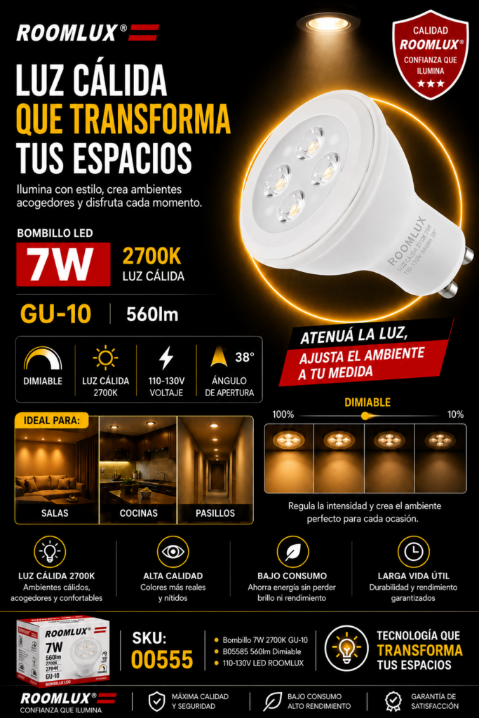 Bombillo 7W 2700k GU-10 B05585 560lm Dimeable 110-130V ROOMLUX