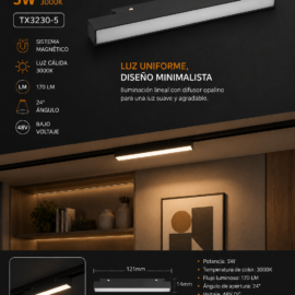 Lampara Magnética 5w 3000K 5mm TX3230-5 Recto con Difusor 121*14*36 170 LM