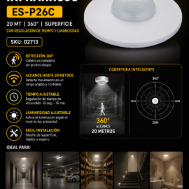 Sensor de Movimiento Infrarrojo ES-P26C 20 MT 360º Superficie con Regulación de Tiempo y Luminosidad