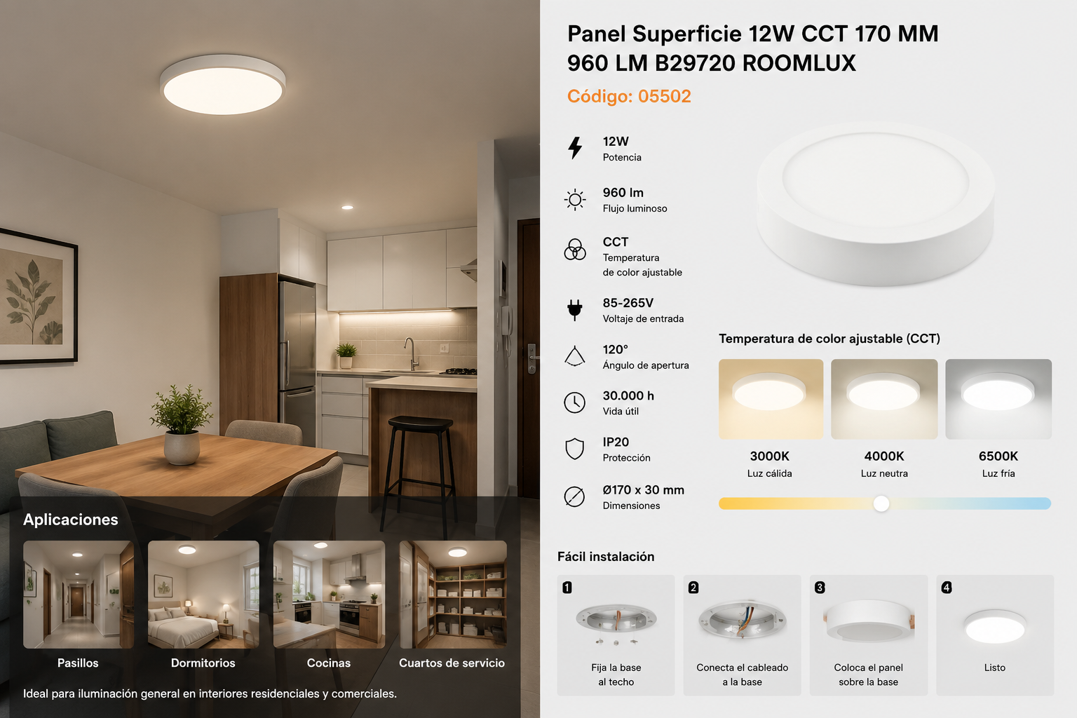 Panel Superficie 12W CCT 170 MM 960 LM B29720 ROOMLUX