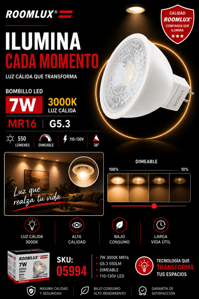 Bombillo 7W 3000k MR16 B03520 G5.3 550LM DIMEABLE 110-130V LED ROOMLUX