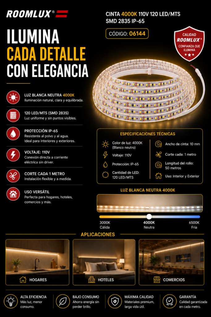 Cinta 4000K 110V 120 LED/MTS SMD 2835 IP-65 ROOMLUX B22301