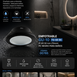 Empotrable Gu-10 TS-06 BK IP-65 92 mm (70mm) PC Negro para Baños