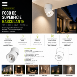 Foco Superficie Basculante 10W 4000K LDG2920B-10 WH 600LM 72 X 132 mm EVOLIGHT BLANCO