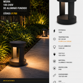 Baliza 15W 2700K BY-P18006 155*200 Negra 100-245v de Aluminio Fundido