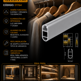 Perfil Perchero de Armarios para LED de 15.2 x 29 x 1 MT DS-W630