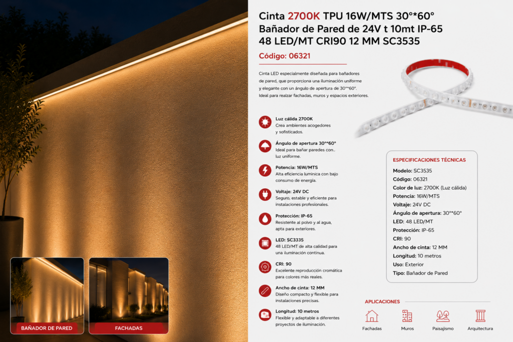Cinta 2700K TPU 16W/MTS 30º*60º Bañador de Pared de 24V t 10MT IP-65 48 LED/MT CRI90 12MM SC3535