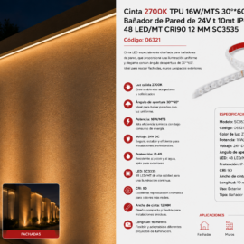 Cinta 2700K TPU 16W/MTS 30º*60º Bañador de Pared de 24V t 10MT IP-65 48 LED/MT CRI90 12MM SC3535