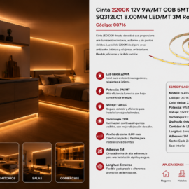 Cinta 2200K 12V 9W/MT COB 5MTS SQ312LC1 8.00MM LED/MT 3M Rojo