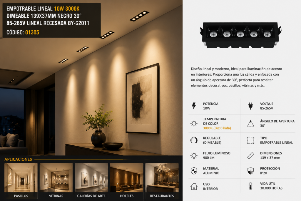 Empotrable Lineal DOTS 10W 3000K Dimeable 139X37mm Negro 30° 85-265V Lineal Recesada BY-G2011