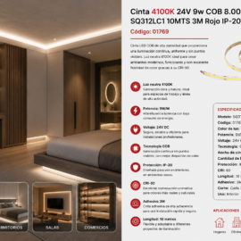 Cinta 4100K 24V 9w COB 8.00MM SQ312LC1 10MTS 3M Rojo IP-20 CRI-90