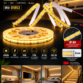 Cinta 3000K 12V 10w COB COB528108-SC 5mts 8 mm CRI-90 3M Rojo IP-65 Termofusión