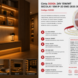 Cinta 3000k 24V 15W/MT SECOLA1 10M IP-20 SMD 2835 3M Rojo