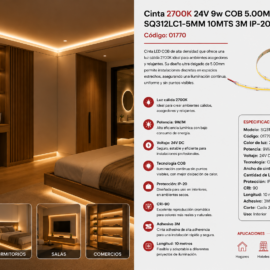 Cinta 2700K 24V 9w COB 5.00MM SQ312LC1-5MM 10MTS 3M IP-20 CRI-90