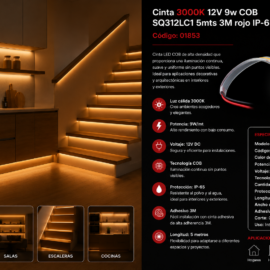 Cinta 3000K 12V 9w COB SQ312LC1 5mts 3M Rojo IP-65