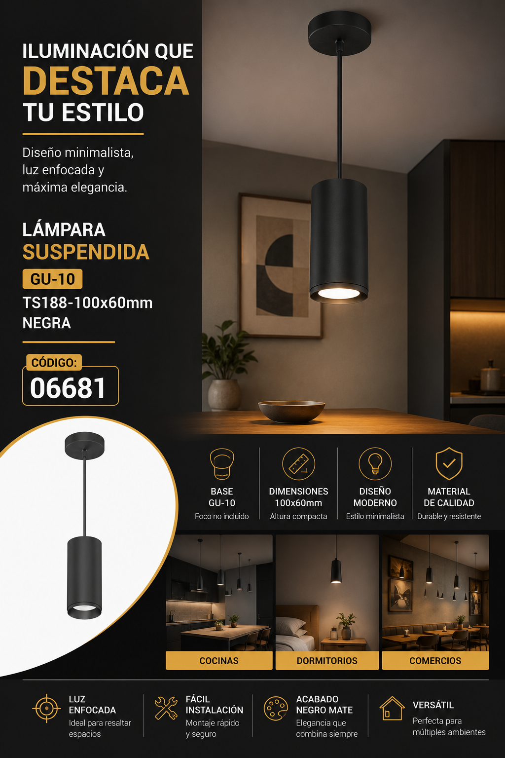 Lampara Suspendida GU-10 TS188-100x60mm NEGRA 10cm LX