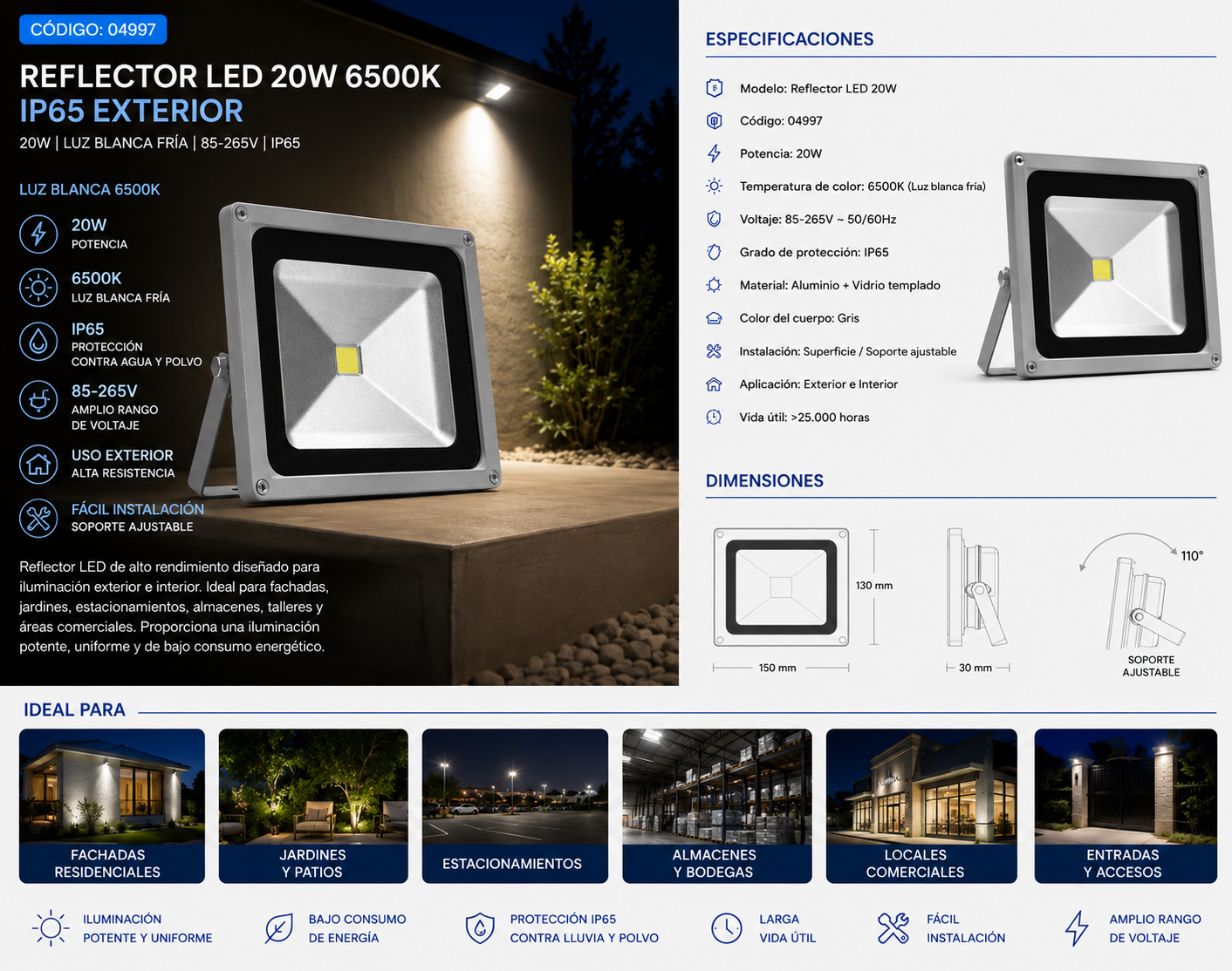 Reflector 20W 6500K 85-265V IP-65