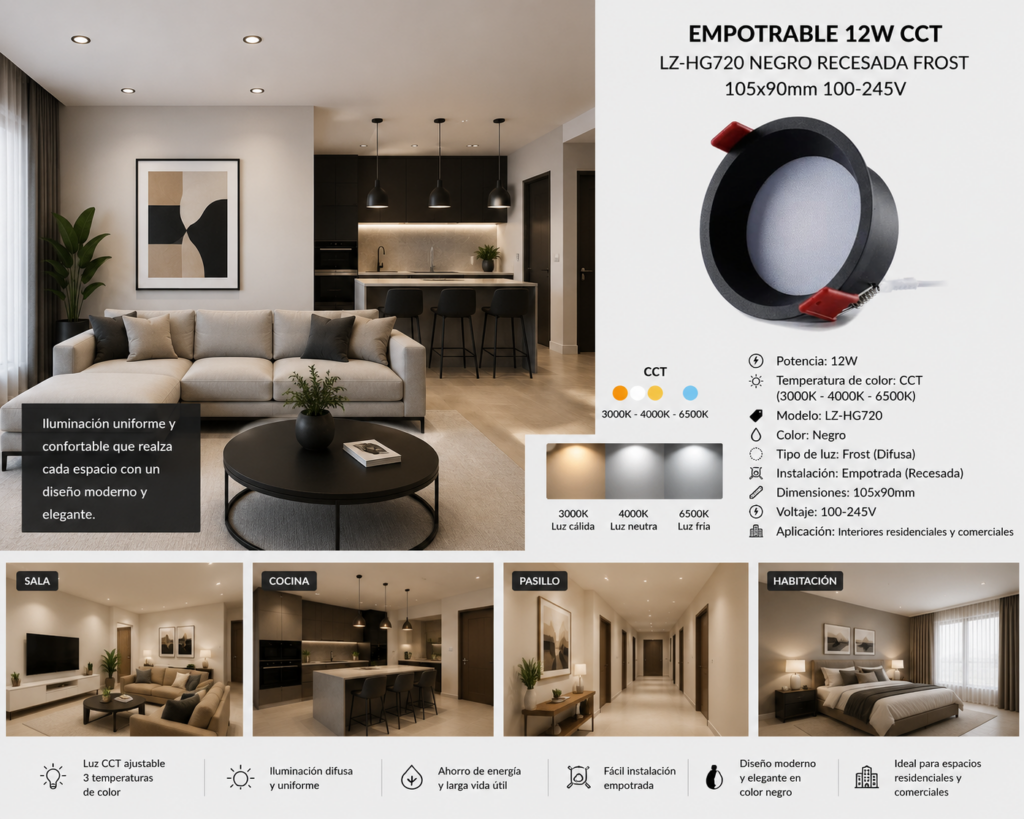 Empotrable 12W CCT LZ-HG720 Negro Recesada Frost 105x90mm 100-245v