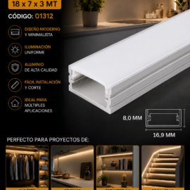 Perfil U Blanco 18 x 7 x 3 MT Aluminio con Difusor