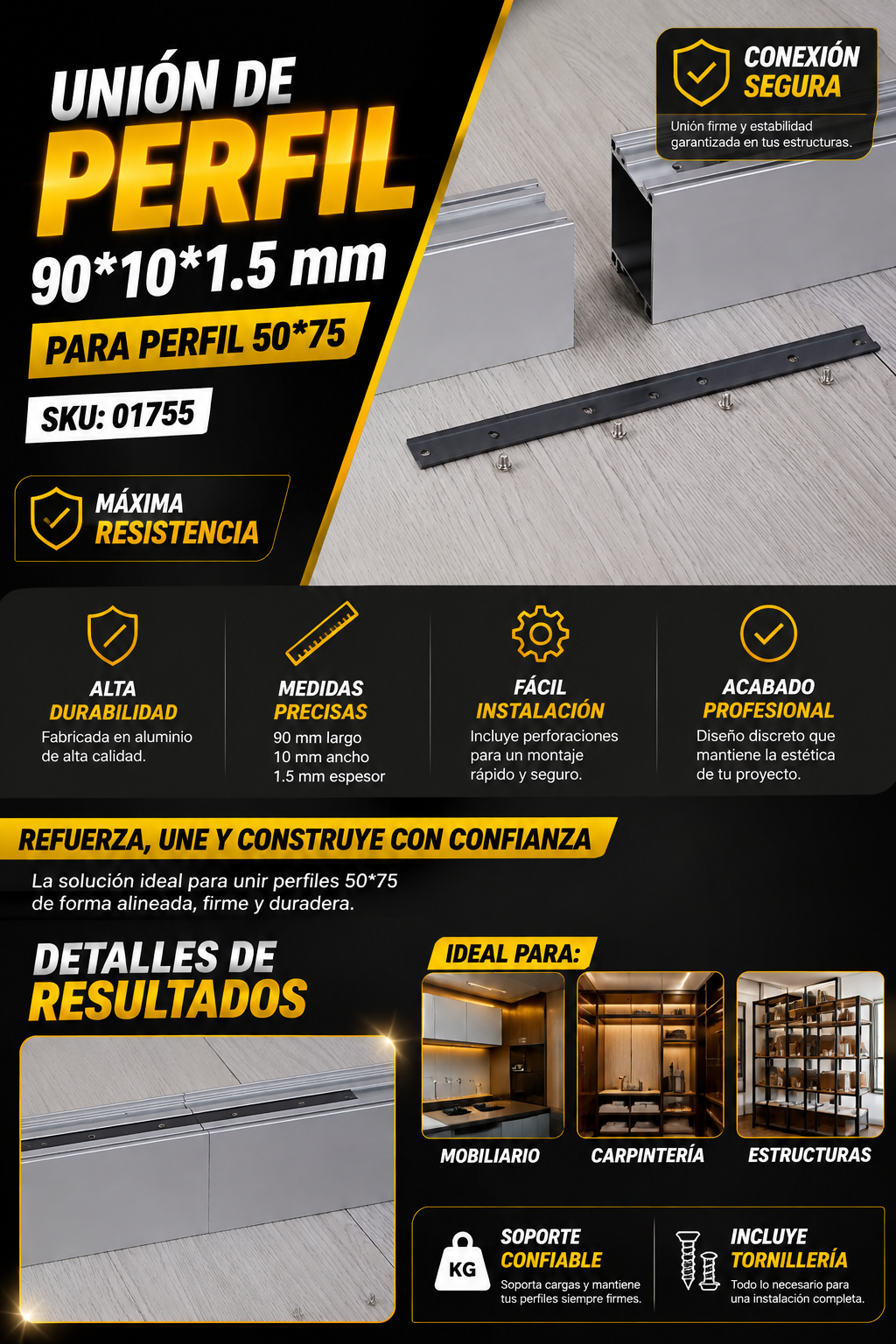 Unión de Perfil 90*10*1.5MM de 50*75 Perfil
