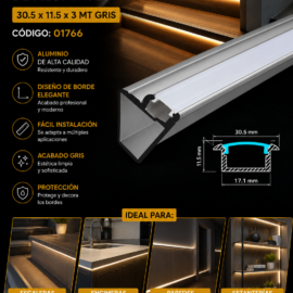 Perfil 30.5 x 11.5 x 3 MT Gris de Borde de Aluminio