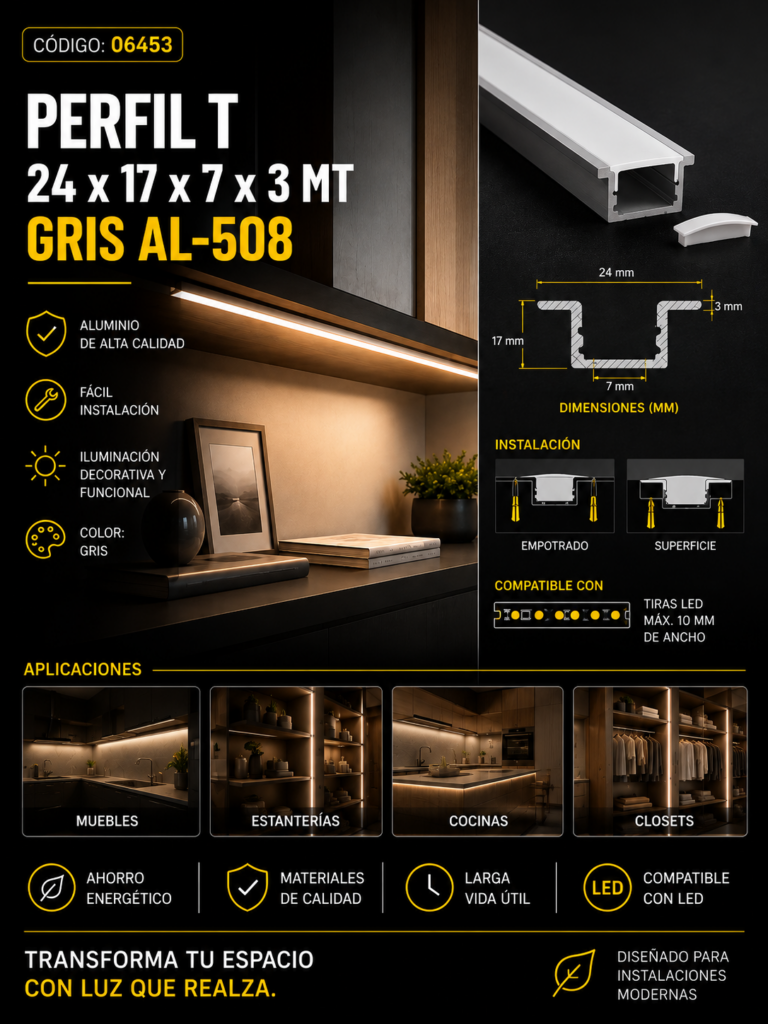 Perfil T 24 x 17 x 7 x 3 MT Gris AL-508