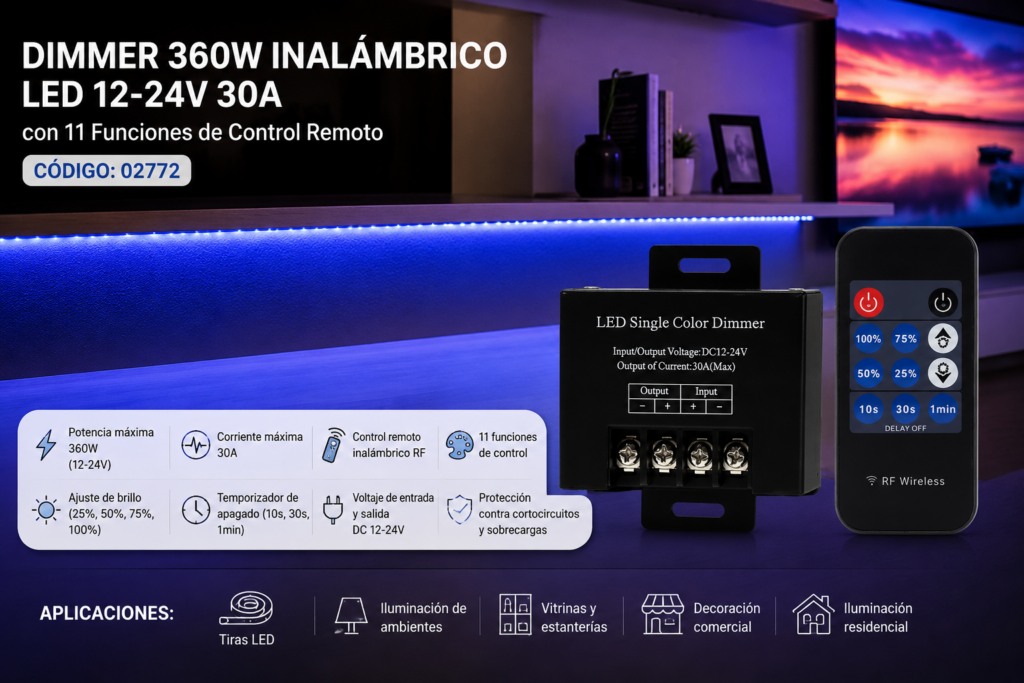 Dimmer 360w Inalámbrico LED 12-24V 30A con 11 Funciones de Control Remoto