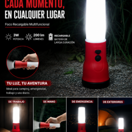 Foco Recargable Multifuncional de 3w 200 lm Rojo de Trabajo B43344 ROOMLUX