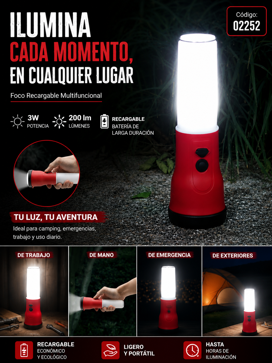 Foco Recargable Multifuncional de 3w 200 lm Rojo de Trabajo B43344 ROOMLUX