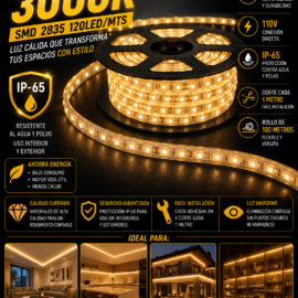 Cinta 3000K 110v SMD 2835 120LED/MTS IP-65 ROOMLUX B22301