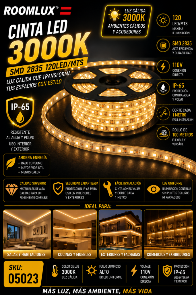Cinta 3000K 110v SMD 2835 120LED/MTS IP-65 ROOMLUX B22301