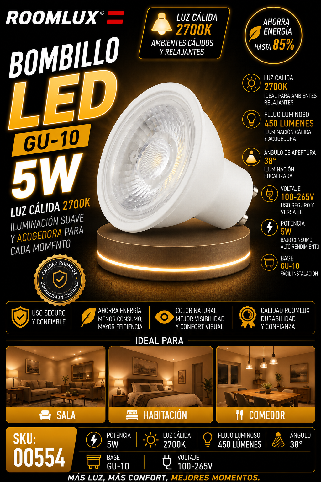 Bombillo 2700k 5w GU-10 B05520 100-265V ROOMLUX