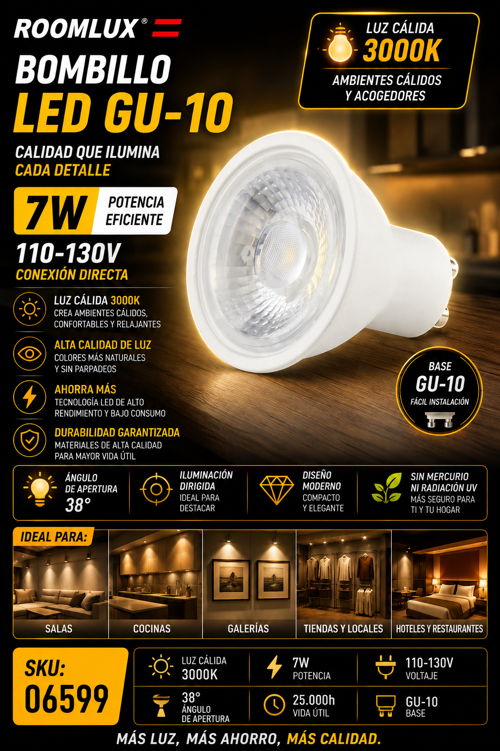Bombillo 3000k 7w GU-10 110-130V B05520 ROOMLUX